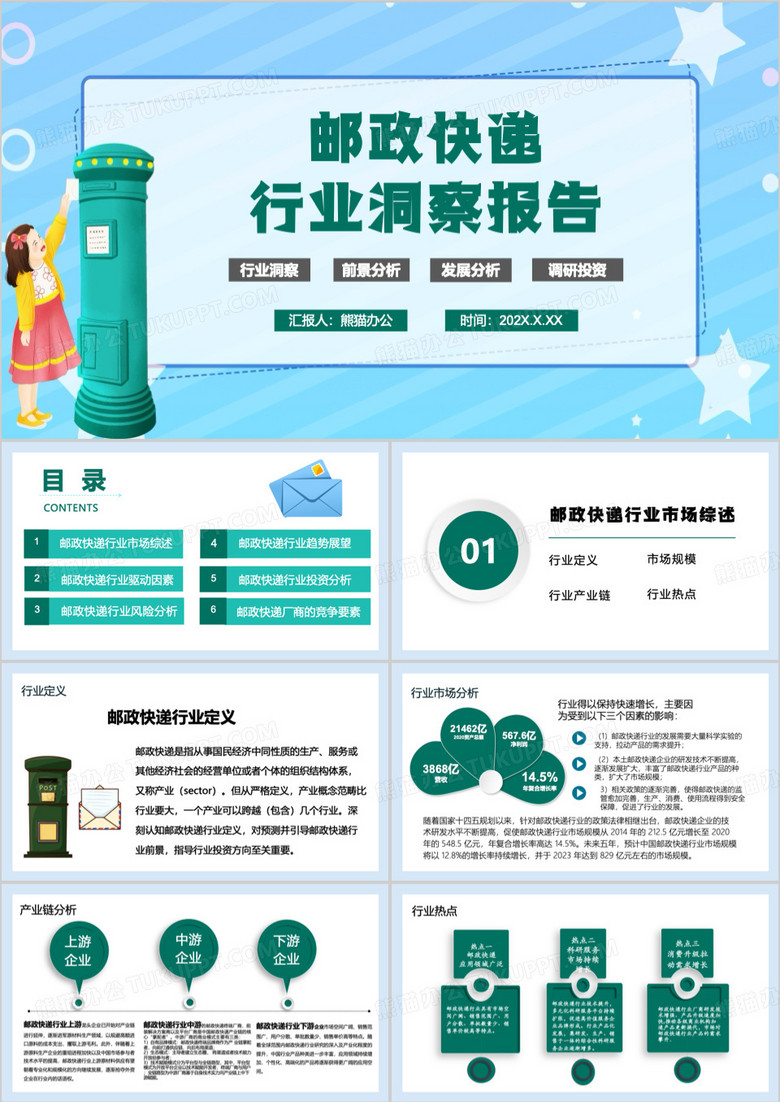 绿色简约风邮政快递行业洞察报告PPT模板