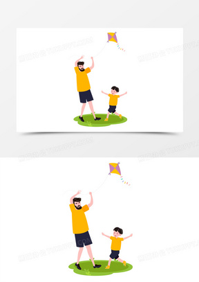 和孩子一起放风筝的父亲人物手绘插画