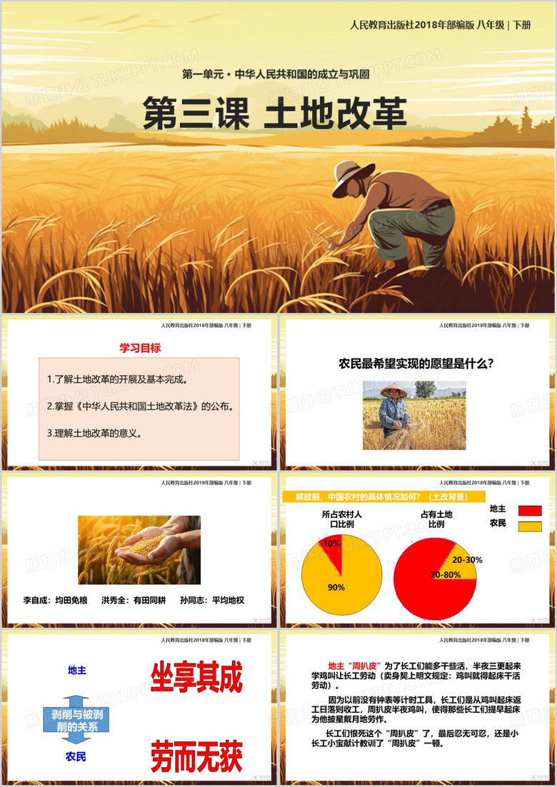 黄色初中历史土地改革ppt模板