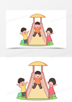 小朋友滑滑梯玩耍场景元素1713手绘卡通小朋友手拉手玩耍插画免抠元素