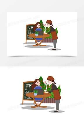 手绘风学生咖啡店兼职人物插画元素