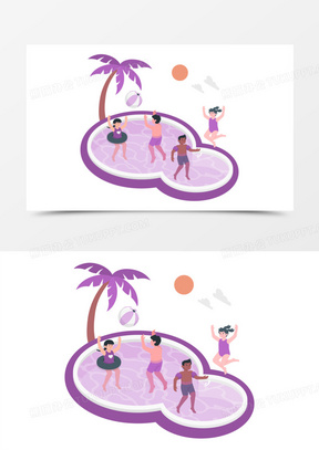 插画风孩子们在泳池玩耍场景元素