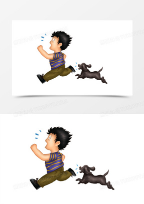 卡通男孩被恶犬追着咬插画元素