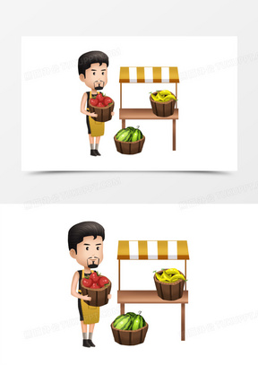 摆摊卖水果的大叔场景元素300手绘卡通大叔简笔画70半推半就收红包