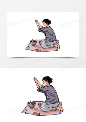 线描手绘女乞丐乞讨元素