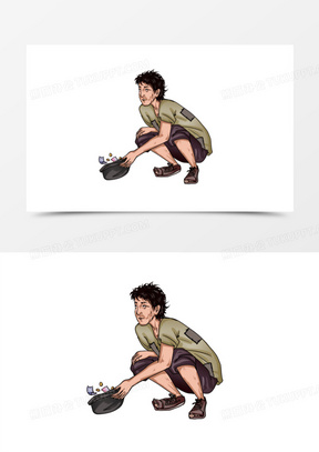 手绘线描乞丐拿碗乞讨元素