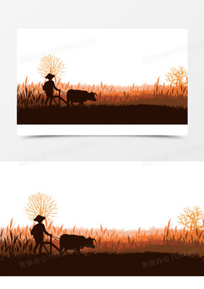 田地农民放牛人物剪影元素