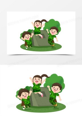 孩子兴高采烈的参加军事夏令营场景元素