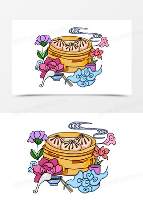 元素805手绘国潮风格盛开的牡丹花与枝头鸟儿元素693国潮风格喜鹊鸟