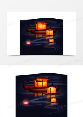 手绘河灯免抠素材