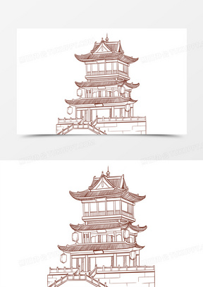 手绘线稿亭台楼阁免抠元素