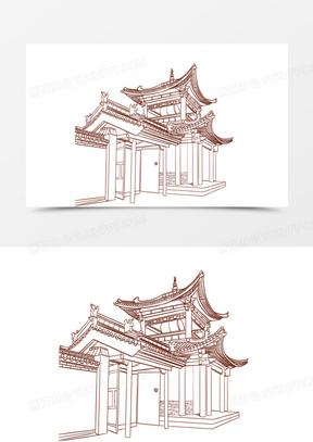 手绘线稿角门楼阁免抠元素211中国风古代阁楼元素220水墨亭台楼阁手绘