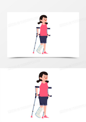 扁平风女孩骨折打石膏拄拐杖免抠元素