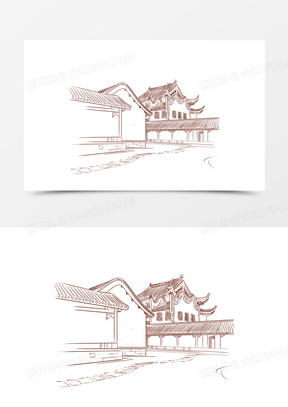 手绘线稿长沙岳麓书院游廊免抠元素