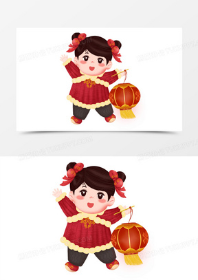 手绘新年童女免抠素材