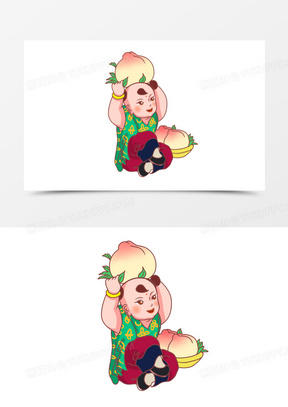 手绘年画娃娃手举桃子人物素材