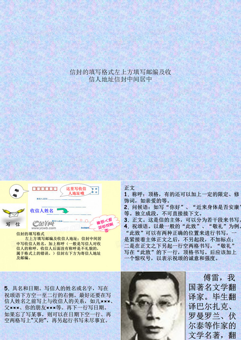信封的填写格式左上方填写邮编及收信人地址信封中间居中