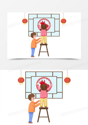 手绘男孩女孩贴窗花景插画元素