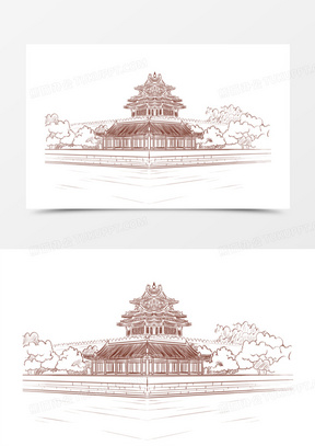 手绘线稿角楼免抠元素