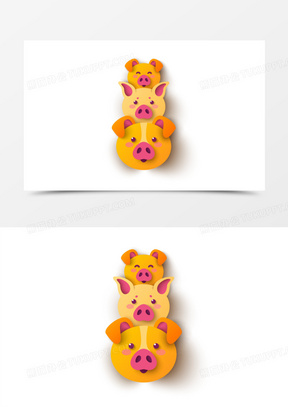 剪纸风三只金猪头像元素
