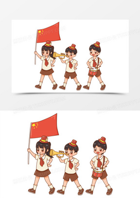 卡通红领巾少年仪仗队举旗免抠场景元素