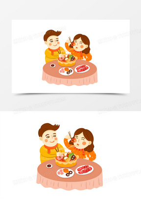 手绘情侣冬天吃火锅场景元素290手绘卡通家人一起吃火锅场景免抠元素