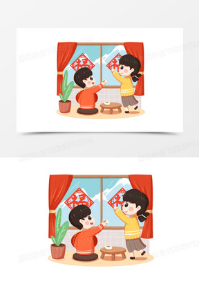 新年家人一起贴窗花人物场景元素