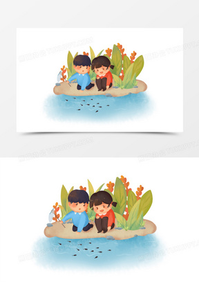 手绘卡通小孩子们抓蝌蚪场景免抠素材