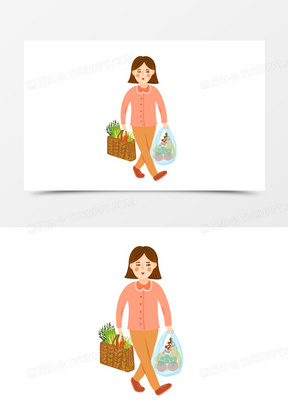 手绘女生买菜场景元素