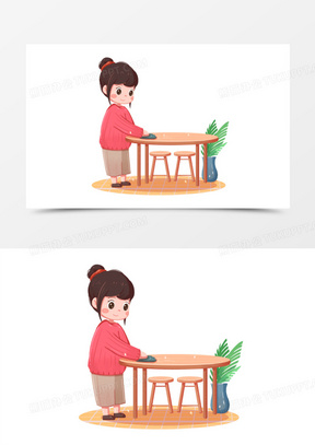 手绘小女孩擦桌子卡通插画元素
