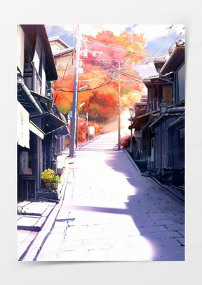 日本动漫街道小巷电线杆房屋高清彩绘