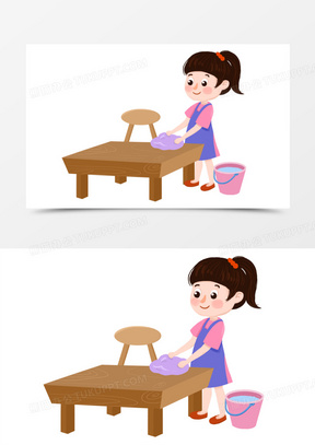 卡通手绘女孩擦桌子免抠场景素材