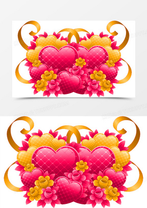 粉色黄色爱心花朵金色彩带