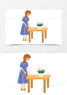 手绘插画女孩擦桌子元素