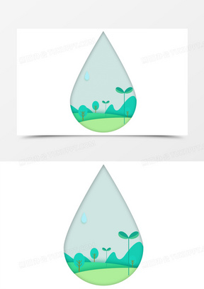 剪纸风绿色小清新水滴免抠元素