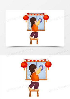 手绘卡通女孩踩椅子擦窗免抠元素