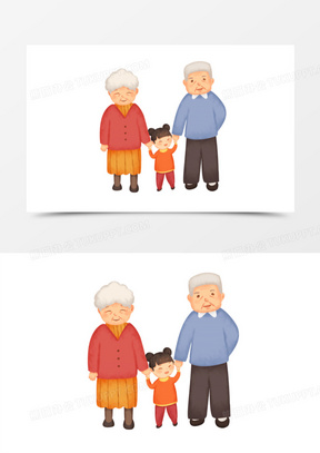 手绘卡通老人和孙女免抠元素