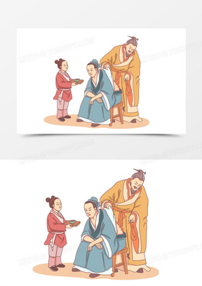手绘中医针灸看病场景素材271手绘卡通古代中医煎药插画元素231手绘