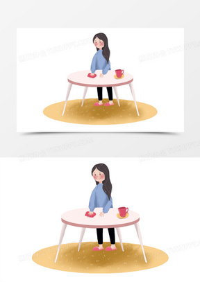 手绘女孩擦桌子免抠元素