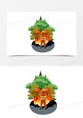 手绘消防员扑灭森林大火场景免抠元素