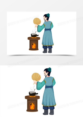 手绘卡通古代中医煎药插画元素