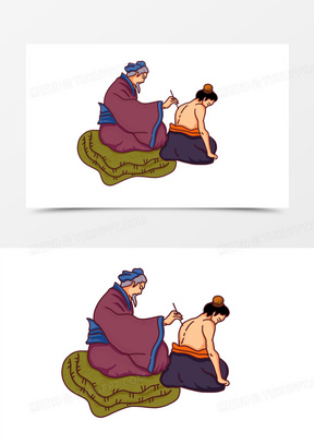 手绘卡通古代传统中医针灸场景元素