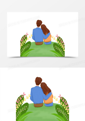 手绘插画风情侣背影场景元素