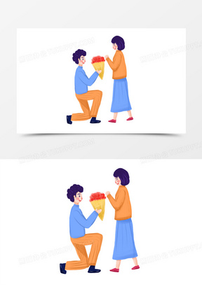 手绘插画风男生单膝下跪求婚场景元素