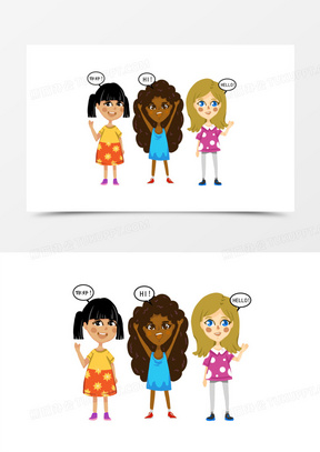 手绘卡通不同肤色的小朋友打招呼免抠元素