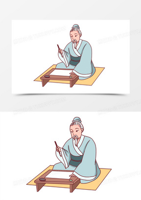 手绘古人写书法场景素材