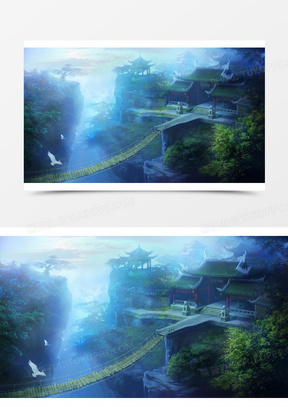 古装戏亭台楼阁天桥海报背景