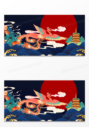 蓝色中国风复古国潮凤凰背景