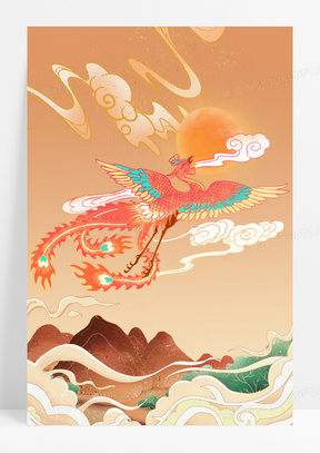 中国风橘色手绘国潮插画国潮凤凰欲火重生火凤凰背景