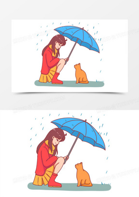 手绘雨季少女给猫咪撑伞场景素材130手绘卡通打伞撑伞素材20立体便利